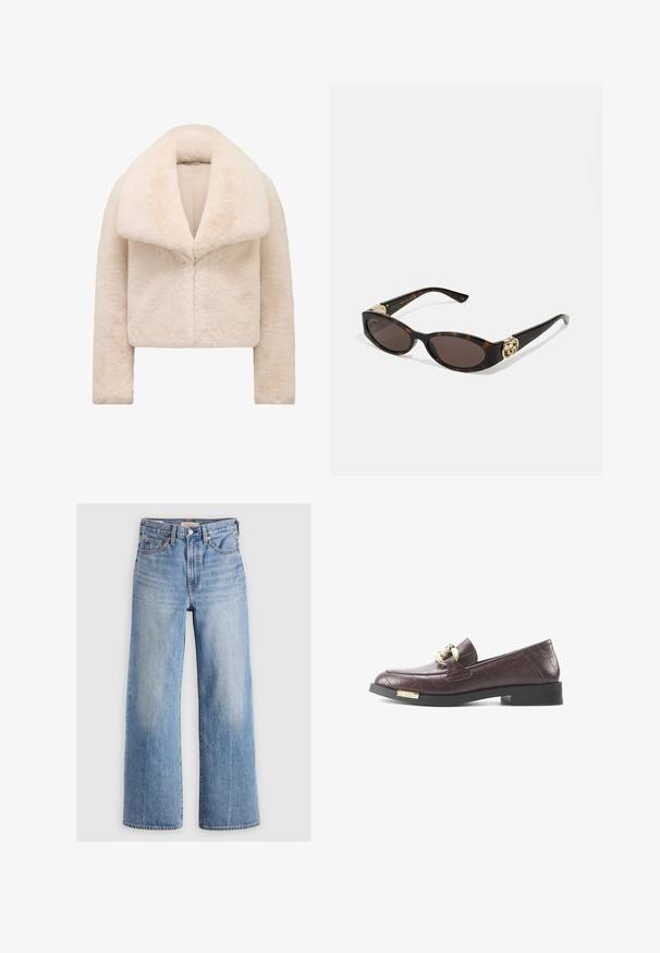 Kratka, skraćena jakna od krem lažnog krzna s širokim, mekanim okovratnikom i dugim rukavima. Ima elegantno prednje zatvaranje i teksturiranu, plišanu površinu.; Duga majica s rol kragnom u svijetlosmešanoj boji. Napravljena od mekog, rastezljivog materijala s opuštenim krojem i preklopljenim izrezom.; Svijetloplavi traper široki traperice s visokim strukom, istovarenim dijelovima, pet džepova i kontrastnim šavovima. Klasično kopčanje na dugme i patentni zatvarač.; Bordo kožne loaferice s teksturiranim uzorkom krokodila, s zlatnim metalnim detaljem i niskim crnim blok petama.; Suncane naočale od kornjačevine s izduženim ovalnim lećama, smešnim nijansama, zlatnim logotipom na drškama i elegantnim crnim krakovima.; Zakrivena kremasta kožna torba s jednim remenom, zlatnim hardverom i suptilnim brendiranjem na dnu. Zatvaranje na munju duž gornjeg ruba.