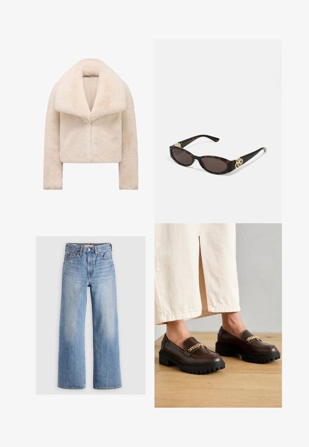 Kratka, skraćena jakna od krem lažnog krzna s širokim, mekanim okovratnikom i dugim rukavima. Ima elegantno prednje zatvaranje i teksturiranu, plišanu površinu.; Duga majica s rol kragnom u svijetlosmešanoj boji. Napravljena od mekog, rastezljivog materijala s opuštenim krojem i preklopljenim izrezom.; Svijetloplavi traper široki traperice s visokim strukom, istovarenim dijelovima, pet džepova i kontrastnim šavovima. Klasično kopčanje na dugme i patentni zatvarač.; Smešani smešano smeđa kožna loaferica s debelim crnim potplatom i zlatnim lancem kao naglaskom sprijeda. Glatka površina s blagim sjajem.; Suncane naočale od kornjačevine s izduženim ovalnim lećama, smešnim nijansama, zlatnim logotipom na drškama i elegantnim crnim krakovima.; Zakrivena kremasta kožna torba s jednim remenom, zlatnim hardverom i suptilnim brendiranjem na dnu. Zatvaranje na munju duž gornjeg ruba.; Zlatna ogrlica s dizajnom lista i teksturiranim detaljima. Komad ima zatvaranje na lancu i prirodan, slobodan oblik.