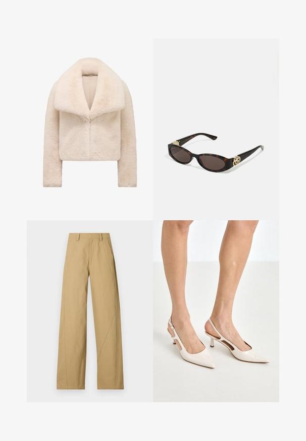 Casaco curto e cortado em pele sintética bege, com um colarinho largo e macio e mangas longas. Apresenta um fecho frontal elegante e uma superfície texturizada e felpuda.; Camisola de gola alta de manga longa em um tom de bege claro. Feita de um tecido macio e elástico com um ajuste descontraído e uma gola dobrável.; Calças largas em caqui feitas de uma mistura de algodão com uma textura suave, apresentando detalhes de costura diagonal e um design clássico de cintura.; Saltos slingback de verniz bege com bico fino e salto de 5 cm, apresentando lados recortados e uma tira fina no tornozelo.; Óculos de sol de tartaruga com lentes ovais alongadas, tom castanho, acentos de logotipo dourado nas hastes e hastes pretas elegantes.; Bolsa de mão de couro creme, com formato curvado, uma alça, acabamentos dourados e uma marcação discreta na parte inferior. Fecho com zipper ao longo da parte superior.