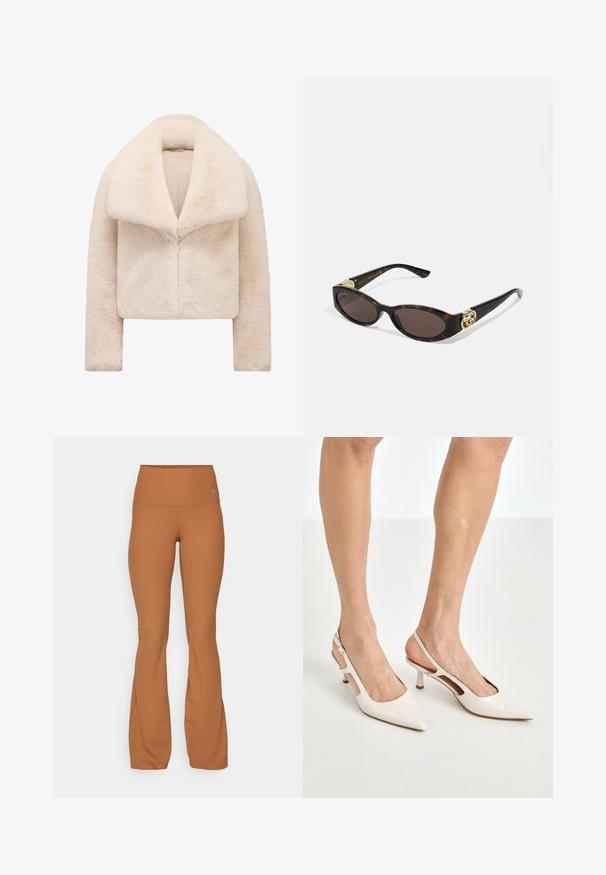 Short, cropped ivory faux fur jacket with a wide, soft collar and long sleeves. Features a sleek front closure and a textured, plush surface.; Long-sleeve turtleneck top in a light beige color. Made of soft, stretchy fabric with a relaxed fit and a fold-over neckline.; Brown ribbed flared leggings with a high waist; made from a stretchy material; features a small logo on the front.; Beige patent leather slingback heels with a pointed toe and 5 cm heel, featuring cut-out sides and a thin ankle strap.; Tortoiseshell sunglasses with elongated oval lenses, brown tint, gold logo accents on temples, and sleek black arms.; Curved cream leather handbag with a single strap, gold hardware, and subtle branding at the bottom. Zipper closure along the top edge.; Gold necklace featuring a leaf design with textured details. The piece has a chain closure and a natural, flowing shape.