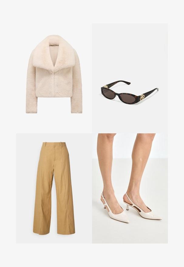 Krátká, stříhaná bunda z imitace slonoviny s širokým, měkkým límcem a dlouhými rukávy. Má elegantní zapínání vpředu a strukturovaný, měkký povrch.; Dlouhý rukáv s rolákem v světle béžové barvě. Vyrobeno z měkké, elastické látky s volným střihem a přehnutým výstřihem.; Béžové široké kalhoty vyrobené z lnu s hladkou texturou, s vysokým pasem, postranními švy a kontrastními stehy.; Béžové lakované lodičky na podpatku s špičatou špičkou a 5 cm podpatkem, se vykrojenými boky a tenkým kotníkovým páskem.; Brýle sluneční s kočičím vzorem, prodloužené oválné čočky, hnědý odstín, zlaté logo na spáncích a elegantní černé nožičky.; Zakřivená krémová kožená kabelka s jedním popruhem, zlatými kovovými prvky a jemným logem ve spodní části. Zapínání na zip podél horního okraje.; Zlatý náhrdelník se vzorem listu a texturovanými detaily. Kousek má uzávěr na řetízek a přirozený, plynulý tvar.