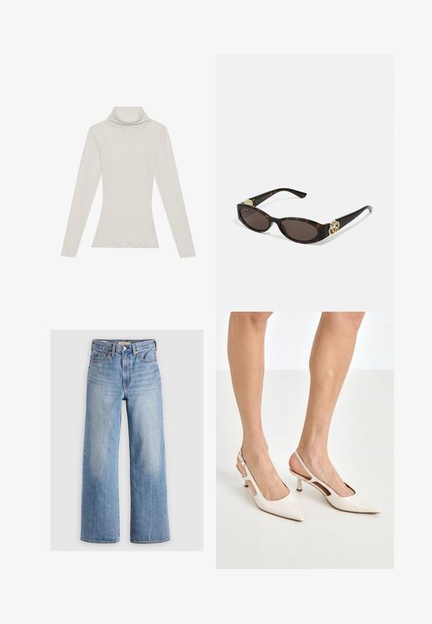 Short, cropped ivory faux fur jacket with a wide, soft collar and long sleeves. Features a sleek front closure and a textured, plush surface.; Long-sleeve turtleneck top in a light beige color. Made of soft, stretchy fabric with a relaxed fit and a fold-over neckline.; Light blue denim wide-leg jeans with a high waist, faded areas, five pockets, and contrast stitching. Classic button and zipper closure.; Beige patent leather slingback heels with a pointed toe and 5 cm heel, featuring cut-out sides and a thin ankle strap.; Tortoiseshell sunglasses with elongated oval lenses, brown tint, gold logo accents on temples, and sleek black arms.; Curved cream leather handbag with a single strap, gold hardware, and subtle branding at the bottom. Zipper closure along the top edge.