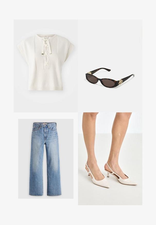 Casaco curto e cortado em pele sintética bege, com um colarinho largo e macio e mangas longas. Apresenta um fecho frontal elegante e uma superfície texturizada e felpuda.; Top curto de malha branca com mangas curtas e decote redondo, apresentando um frente com corda de laços entrelaçados e variações de textura sutis.; Calças de ganga largas de denim azul claro com uma cintura alta, áreas desbotadas, cinco bolsos e costura em contraste. Fecho clássico com botão e zíper.; Saltos slingback de verniz bege com bico fino e salto de 5 cm, apresentando lados recortados e uma tira fina no tornozelo.; Óculos de sol de tartaruga com lentes ovais alongadas, tom castanho, acentos de logotipo dourado nas hastes e hastes pretas elegantes.; Bolsa de mão de couro creme, com formato curvado, uma alça, acabamentos dourados e uma marcação discreta na parte inferior. Fecho com zipper ao longo da parte superior.