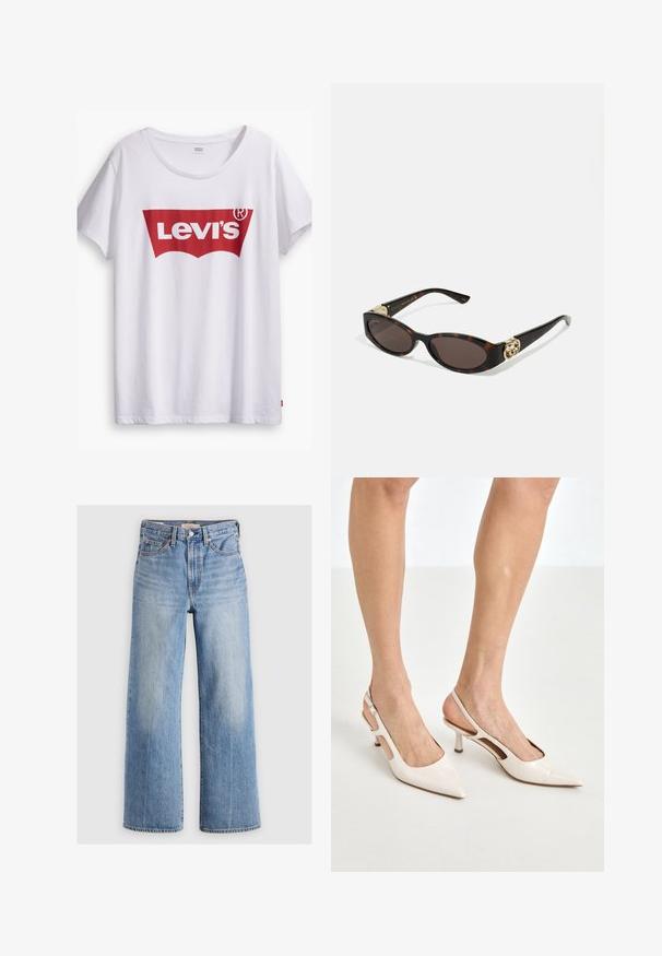 Short, cropped ivory faux fur jacket with a wide, soft collar and long sleeves. Features a sleek front closure and a textured, plush surface.; White cotton t-shirt featuring a prominent red Levi’s logo within a red tab shape. Short sleeves and a round neckline, casual fit.; Light blue denim wide-leg jeans with a high waist, faded areas, five pockets, and contrast stitching. Classic button and zipper closure.; Beige patent leather slingback heels with a pointed toe and 5 cm heel, featuring cut-out sides and a thin ankle strap.; Tortoiseshell sunglasses with elongated oval lenses, brown tint, gold logo accents on temples, and sleek black arms.; Curved cream leather handbag with a single strap, gold hardware, and subtle branding at the bottom. Zipper closure along the top edge.; Gold necklace featuring a leaf design with textured details. The piece has a chain closure and a natural, flowing shape.