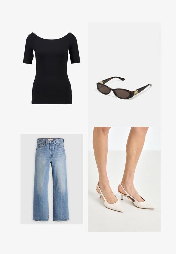 Giacca in finta pelliccia avorio corta e sfilata, con un ampio colletto morbido e maniche lunghe. Presenta una chiusura frontale elegante e una superficie testurizzata e soffice.; Top nero a maniche corte con scollatura a spalle scoperte, design aderente e texture liscia. Nessun motivo visibile o dettagli hardware.; Jeans in denim blu chiaro a gamba larga con vita alta, aree sbiadite, cinque tasche e cuciture a contrasto. Classico bottone e chiusura con zip.; Tacchi slingback in pelle lucida beige con punta affusolata e tacco di 5 cm, caratterizzati da lati traforati e una sottile fascia alla caviglia.; Occhiali da sole tartarugati con lenti ovali allungate, tonalità marrone, accenti dorati con logo sulle tempie e aste nere eleganti.; Borsa a tracolla curva in pelle crema con una sola tracolla, minuteria dorata e un branding sottile nella parte inferiore. Chiusura con zip lungo il bordo superiore.; Collana d'oro con un design a foglia caratterizzato da dettagli testurizzati. Il pezzo presenta una chiusura a catena e una forma naturale e fluida.