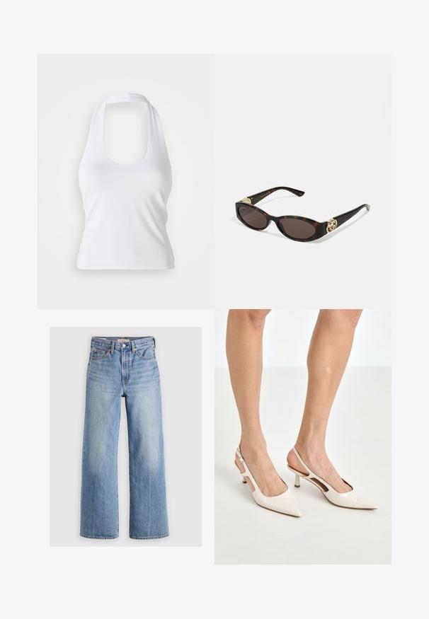 Kort, kuttet jakke i elfenbenfarget faux pels med bred, myk krage og lange ermer. Har en strømlinjeformet frontlukking og en teksturert, myk overflate.; Hvit halterneck-top med scoop-hals, laget av glatt, elastisk stoff. Har et minimalistisk design uten dekorasjoner eller mønstre.; Lys blå denim vidbenede jeans med høj talje, falmede områder, fem lommer og kontraststikning. Klassisk knap- og lynlåslukning.; Beige patent lærstøvletter med spidse tå og 5 cm hæl, med udskårne sider og en tynd ankelrem.; Skilpadde-solbriller med avlange ovale linser, brun tint, gull-logo aksenter på stengene og elegante svarte armer.; Bølget kremfarget skinnhåndveske med én stropp, gullfargede detaljer og subtil merkevaretsing nederst. Glidelås lukking langs den øverste kanten.