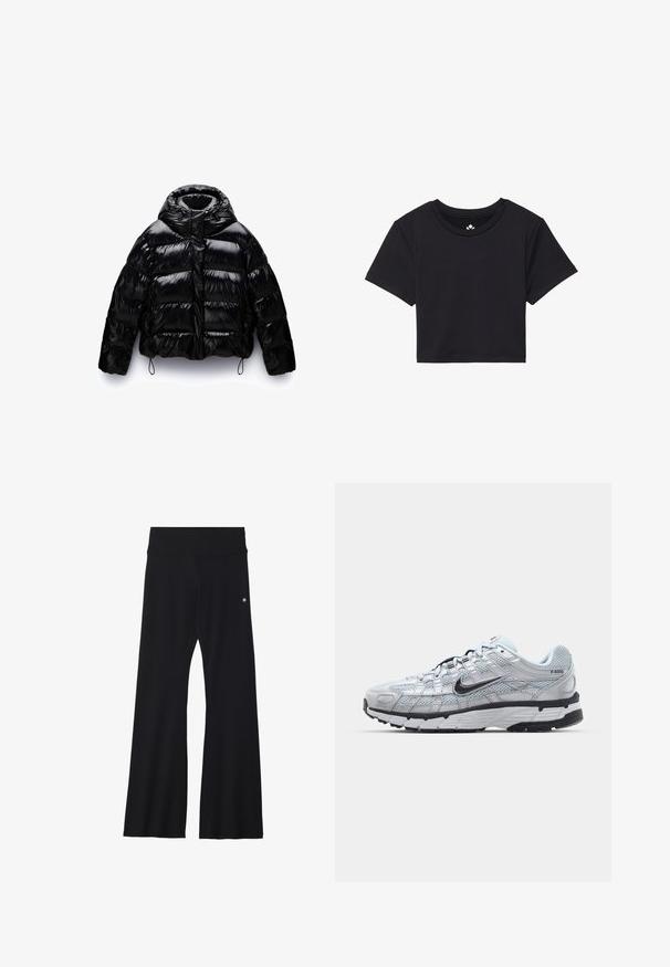 Czarna kurtka puchowa o błyszczącej powierzchni, z wysokim kołnierzem, zapięciem na zamek z przodu oraz elastycznymi sznurkami ściągającymi na dole i przy mankietach.; Czarna krótka koszulka z krótkimi rękawami, okrągłym dekoltem, wykonana z gładkiego materiału. Minimalistyczny design bez widocznych wzorów czy akcentów.; Czarne, rozszerzane spodnie do jogi z elastycznego materiału, z szerokim pasem i małym logo w pobliżu biodra. Gładka tekstura, bez wzorów.; Nike P-6000 sneakers z jasnoszarym siateczkowym wierzchem, czarnymi akcentami i trwałą czarną gumową podeszwą. Charakteryzują się skomplikowanym wzornictwem i systemem sznurowania.