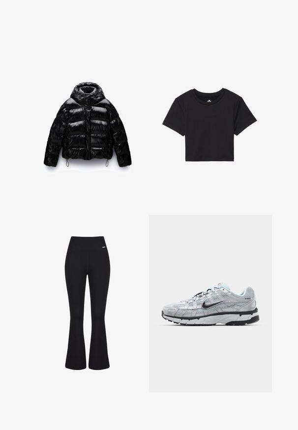 Juodas pūkinis šalikas su blizgiu paviršiumi, turintis aukštą apykaklę, užtrauktuką priekyje ir elastingas raišteles ant apatinės dalies ir rankovių.; Juoda trumpa marškinėlių su trumpomis rankovėmis, apvaliu iškirpimu, pagaminti iš lygaus audinio. Minimalistinis dizainas be matomų raštų ar akcentų.; Juodos raukšlėtos kelnės su aukštu liemeniu. Lygi tekstūra ir prigludusi siluetas, kuris siaurėja link kelių, o vėliau plečiasi.; Nike P-6000 sportbačiai su šviesiai pilku tinkleliu, juodais akcentais ir patvariu juodu guminėm padais. Yra sudėtingas dizainas ir raištelių sistema.