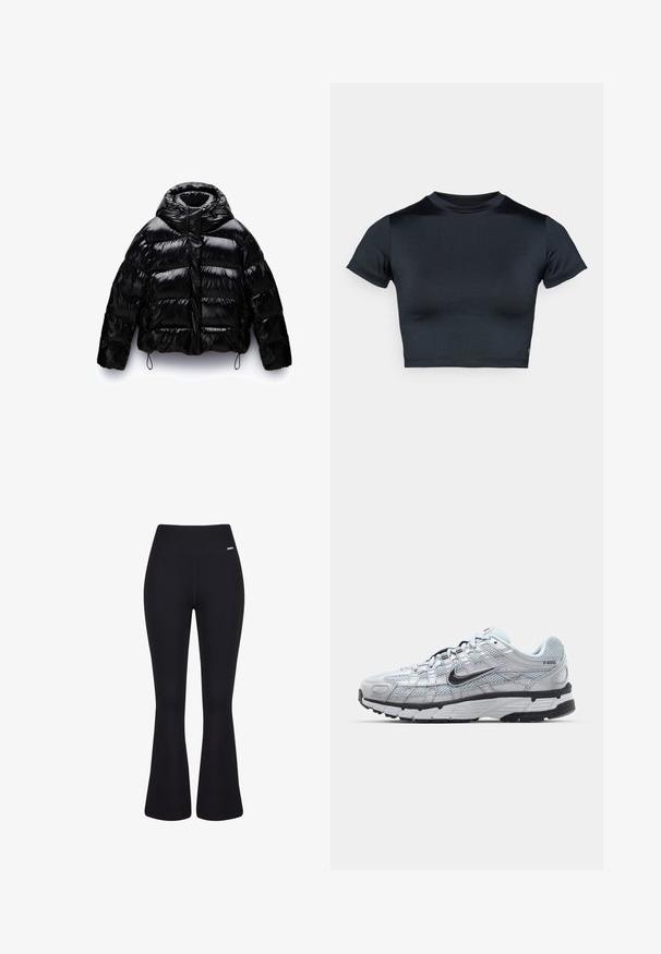 Schwarze Pufferjacke mit glänzender Oberfläche, ausgestattet mit einem hohen Kragen, einem Reißverschluss vorne und elastischen Kordeln am Saum und an den Bündchen.; Kurzärmeliges, bauchfreies Top in Dunkelblau, hergestellt aus glattem, elastischem Stoff. Verfügt über einen runden Ausschnitt und minimale Nahtdetails. Keine sichtbaren Logos.; Schwarze gerippte Schlaghosen mit hohem Bund. Glatte Textur und taillierte Silhouette, die sich bis zu den Knien verjüngt, bevor sie ausgestellt wird.; Nike P-6000 Sneakers mit einem Obermaterial aus leichtem grauem Mesh, schwarzen Akzenten und einer langlebigen schwarzen Gummisohle. Verfügt über ein komplexes Design und ein Schnürsystem.