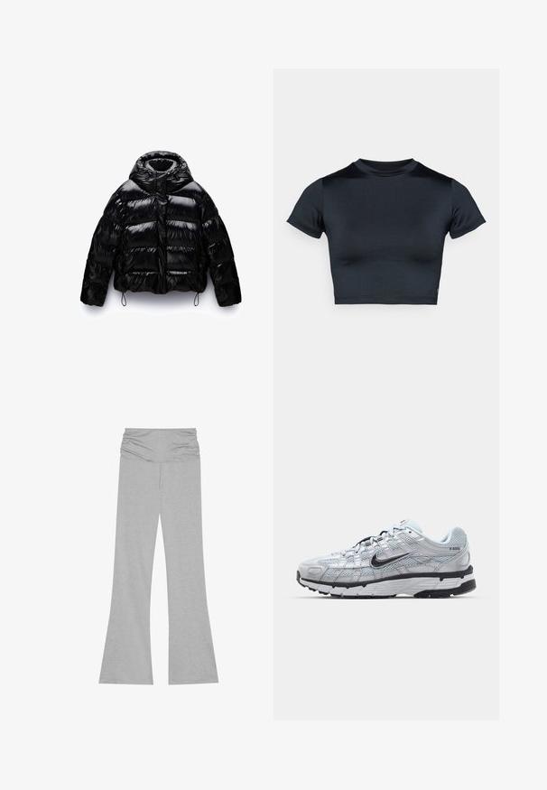 Chaqueta hinchada negra con un acabado brillante, que presenta un alto cuello, cierre de cremallera en la parte delantera y cordones elásticos en el dobladillo y los puños.; Top corto de manga corta en azul marino oscuro, hecho de tela lisa y elástica. Presenta un escote redondo y detalles mínimos de costura. No se ven logotipos.; Pantalones gris acampanados hechos de una tela suave y elástica. Cuentan con una cinturilla fruncida para mayor comodidad. Textura suave con un ajuste relajado en todo su diseño.; Zapatillas Nike P-6000 con parte superior de malla gris claro, acentos negros y suela de goma negra duradera. Presentan un diseño intrincado y un sistema de cordones.