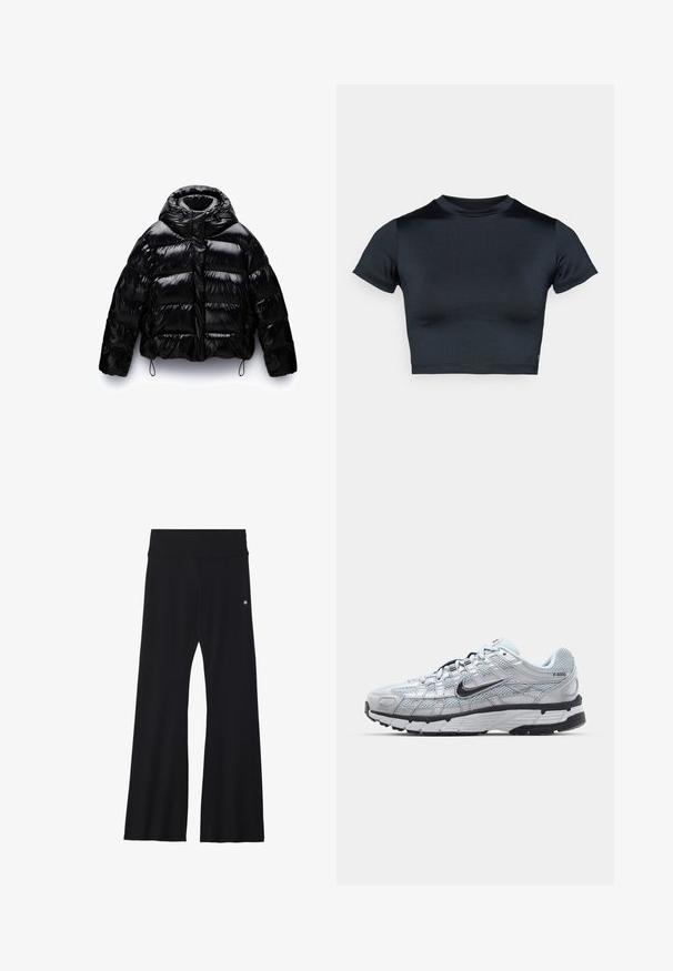 Schwarze Pufferjacke mit glänzender Oberfläche, ausgestattet mit einem hohen Kragen, einem Reißverschluss vorne und elastischen Kordeln am Saum und an den Bündchen.; Kurzärmeliges, bauchfreies Top in Dunkelblau, hergestellt aus glattem, elastischem Stoff. Verfügt über einen runden Ausschnitt und minimale Nahtdetails. Keine sichtbaren Logos.; Schwarze ausgestellte Hose aus elastischem Material, mit breitem Bund und kleinem Logo an der Hüfte. Glatte Textur und ganzlanger Schnitt.; Nike P-6000 Sneakers mit einem Obermaterial aus leichtem grauem Mesh, schwarzen Akzenten und einer langlebigen schwarzen Gummisohle. Verfügt über ein komplexes Design und ein Schnürsystem.