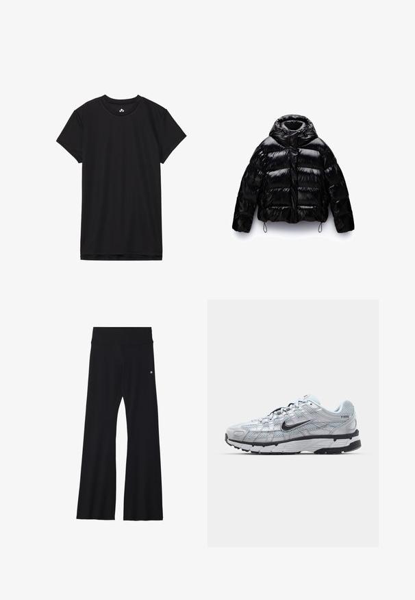Sort pufferjakke med en blank finish, der har en høj krave, lynlås foran og elastiske snore i kanten og ved manchetterne.; Sort t-shirt med korte ærmer lavet af blødt stof, med rund halsudskæring og en standard pasform. Ingen synlige mønstre eller detaljer.; Sorte flared yoga bukser i strækbart stof, med en bred talje og et lille logo nær hoften. Glat tekstur, uden mønstre.; Nike P-6000 sneakers med en lys grå mesh overdel, sorte accenter og en holdbar sort gummisål. Har et detaljeret design og snøresystem.