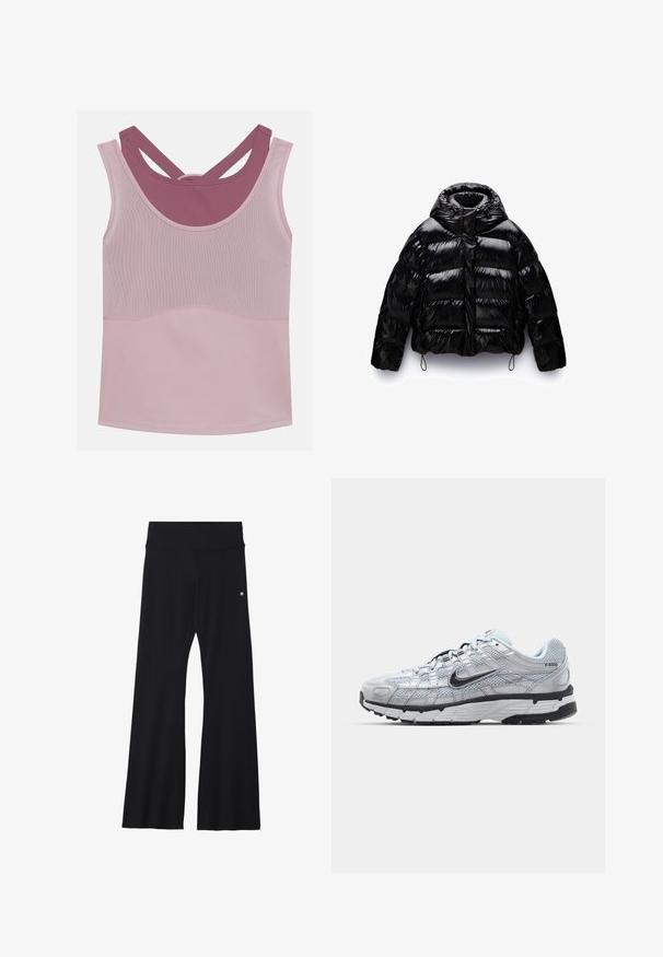 Black puffer jacket with a glossy finish, featuring a high collar, zip front, and elastic drawstrings at the hem and cuffs.; Even&Odd active Top - light pink/mauve; Black flared yoga pants in stretchy fabric, featuring a wide waistband and a small logo near the hip. Smooth texture, no patterns.; Nike P-6000 sneakers with a light grey mesh upper, black accents, and a durable black rubber sole. Features intricate design and lacing system.