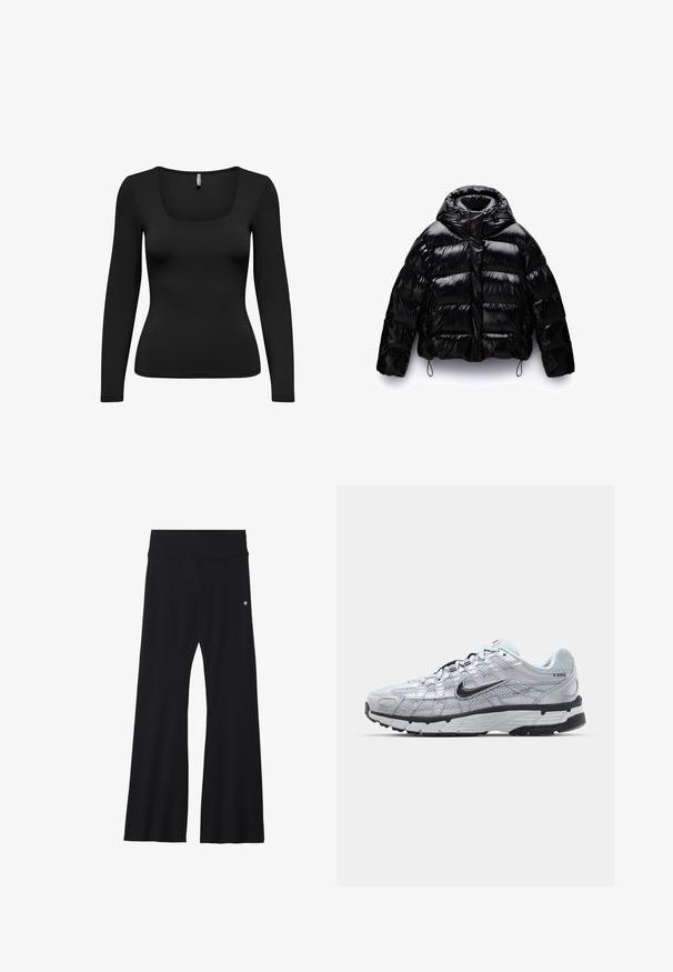 Zwarte pufferjack met een glanzende afwerking, voorzien van een hoge kraag, een rits aan de voorkant en elastische koorden aan de onderrand en mouwen.; Zwart langemouwen top met een vierkante halslijn. Gemaakt van glad, rekbaar materiaal. Strak ontwerp dat smal toeloopt bij de taille. Naadloze schouders.; Zwarte flared yoga broek van rekbaar materiaal, met een brede tailleband en een klein logo nabij de heup. Glad textuur, geen patronen.; Nike P-6000 sneakers met een lichtgrijze mesh bovenkant, zwarte accenten en een duurzame zwarte rubberen zool. Kenmerkt zich door een ingewikkeld ontwerp en vetersysteem.
