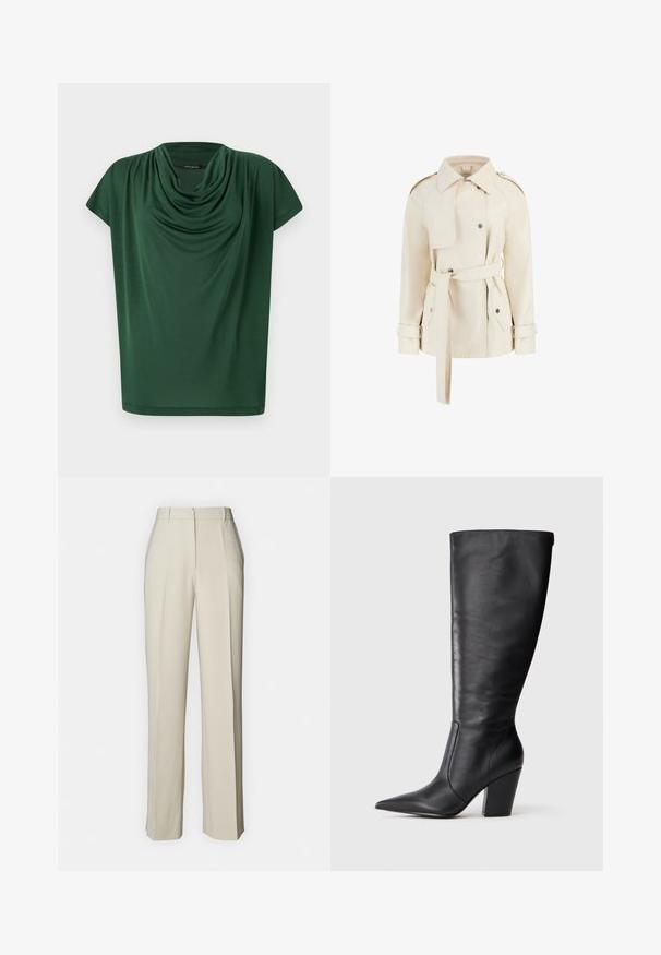 Beidzējo trenci ar jostu, dubultajiem pogām, plecu epauletēm un sarullētām piedurknēm. Gluda, strukturēta auduma tekstūra.; Zaļa drapēta blūze, kas izgatavota no viegla auduma. Tai ir kapučo veida kakls un īsās piedurknēm, gluda tekstūra un brīvs piegriezums.; Beige pielētie bikses ar taisnu griezumu, kurām ir priekšējie krokas, plakans jostasvieta un gluda tekstūra, nodrošinot tīru apdari.; Melnas ādas augstas ceļa zābaki ar norādītu purngalu un masīlu augstu papēdi, attēloti kreisajā profila pusē uz baltas fona.