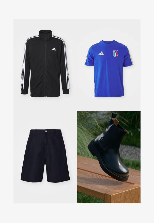 Veste de survêtement noire zippée en tissu lisse, avec des bandes latérales blanches et un petit logo blanc sur la poitrine.; T-shirt en coton bleu à manches courtes, avec un col rond, trois bandes blanches Adidas sur les épaules et un logo Italia avec des accents.; Shorts bleu marine fabriqués dans un tissu léger, dotés d'une fermeture à bouton, de passants de ceinture et d'une coupe droite. Style minimaliste sans motifs.; Bottines Chelsea en cuir noir avec finition lisse, panneaux latéraux élastiques, bout arrondi et semelle en caoutchouc épaisse, positionnées au-dessus d'une surface en bois.