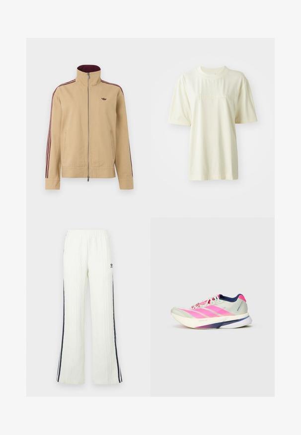 Chaqueta beige con cuello alto, cierre de cremallera y dos bolsillos laterales. Presenta acentos a rayas en burdeos en las mangas y un pequeño logotipo en el pecho.; Camiseta de algodón color crema con cuello redondo, mangas cortas y logo "adidas" en relieve en el pecho. Textura suave y corte relajado.; Pantalones de color crema claro, de tejido de punto con diseño acampanado. Presentan franjas laterales en azul oscuro y un logo de Adidas en la cadera. Cintura elástica.; Zapatilla de correr con una parte superior de malla ligera en verde pálido y rayas rosas, acentos morados y una suela blanca gruesa etiquetada "LIGHTSTRIKE PRO".