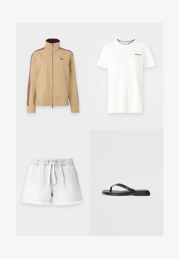 Casaco bege com gola alta, fecho de correr e duas bolsos laterais. Apresenta detalhes em listras maroon nas mangas e um pequeno logotipo no peito.; T-shirt de algodão branca com mangas curtas e decote redondo. Apresenta um logo preto da Adidas no peito e uma gola interna preta em contraste.; Calções de ganga cinza claro com cintura elástica, fecho com cordão e bainha desfiada. Apresentam dois bolsos laterais e um corte confortável.; Chinelo preto feito de couro liso, com um design de tira fina e sola baixa com um perfil minimalista. Sem padrões ou acentos notáveis.
