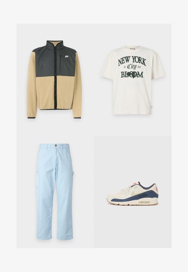 Nike fleece jacket featuring a divided design with charcoal gray upper and beige lower sections, zippered pocket, and high collar.; Cream-colored cotton t-shirt with short sleeves, featuring a printed design saying "NEW YORK a City in BLOOM" in dark green.; Light blue cargo pants made of soft cotton with a straight cut, featuring side pockets and a button closure at the waist.; Sneakers with a cream leather and navy suede upper, featuring a visible air sole, beige rubber outsole, and red accent on the heel.