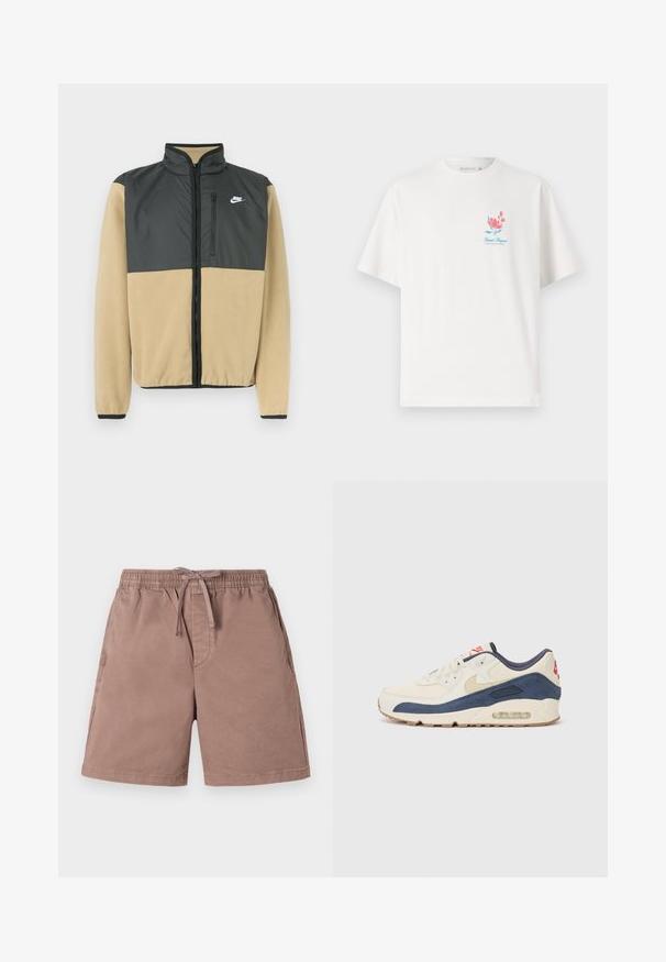 Nike Fleecejacke mit geteilter Gestaltung, oberhalb in anthrazitgrau und unten in beige, mit Reißverschlusstasche und hohem Kragen.; Weißes Baumwoll-T-Shirt mit rundem Halsausschnitt und kurzen Ärmeln, mit einem bunten Blumenmuster und dem Text "Saint Tropez" auf der Brust.; Hellbraune Shorts aus weichem Material mit einem elastischen Bund und Kordelzug. Verfügt über seitliche Taschen und ein lässiges Design.; Sneaker mit einem Obermaterial aus cremefarbenem Leder und marineblauem Wildleder, sichtbar luftgefüllter Sohle, beiger Gummisohle und rotem Akzent an der Ferse.