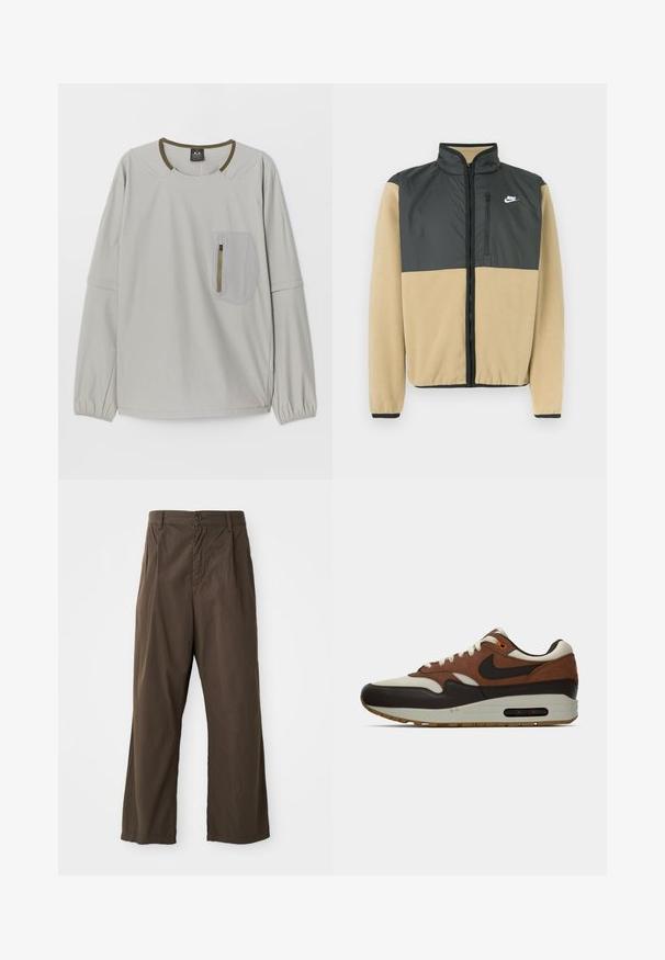 Nike Fleecejacke mit geteilter Gestaltung, oberhalb in anthrazitgrau und unten in beige, mit Reißverschlusstasche und hohem Kragen.; Helles graues Langarmoberteil mit rundem Halsausschnitt, elastischen Bündchen und einer strukturierten aufgesetzten Tasche mit Reißverschluss auf der Vorderseite.; Braune, weite Baumwollhosen mit vorderem Knopfverschluss, Gürtelschlaufen und einer glatten, matten Textur.; Braune, cremefarbene und schwarze Nike Air Max Sneaker mit sichtbarem Luftpolster und Schnürdesign, seitlich auf einem weißen Hintergrund dargestellt.