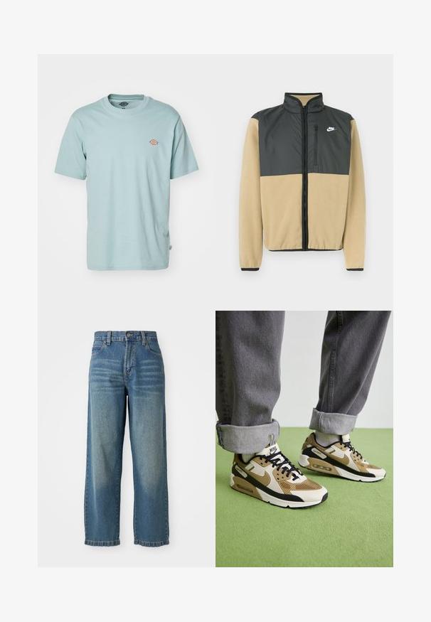 Nike mikrofleecinė striukė su padalinta dizaino schema: tamsiai pilka viršutinė dalis ir smėlio spalvos apatinė dalis, užtrauktuku užsegama kišenė ir aukštas apykaklė.; Dickies MAPLETON - Paprasti marškinėliai - blue surf; Šviesiai mėlyni džinsai plačiomis kojomis su aukštu liemeniu, penkiomis kišenėmis ir šiek tiek išblukusiu paviršiumi. Yra sagčių ir užtrauktuko uždarymas.; Nike Air Max 90 sportbačiai smėlio ir juodos spalvos, pagaminti iš akių ir odos medžiagų, matoma amortizacija ir juodi raišteliai.
