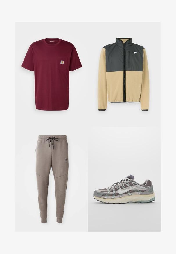 Nike mikrofleecinė striukė su padalinta dizaino schema: tamsiai pilka viršutinė dalis ir smėlio spalvos apatinė dalis, užtrauktuku užsegama kišenė ir aukštas apykaklė.; Carhartt WIP POCKET - Paprasti marškinėliai - malbec; Pilkos Nike kelnės su raišteliu liemenyje, siaurėjančiomis kojomis, šoninėmis kišenėmis ir išskirtiniais siūlų detalėmis. Minkšta, tekstūruota medžiaga.; Pilkas sportinis batas su tinklu ir zomšos viršutine dalimi, baltomis detalėmis, paminkštintu padu ir išskirtiniu dizainu su atspindinčiais elementais.