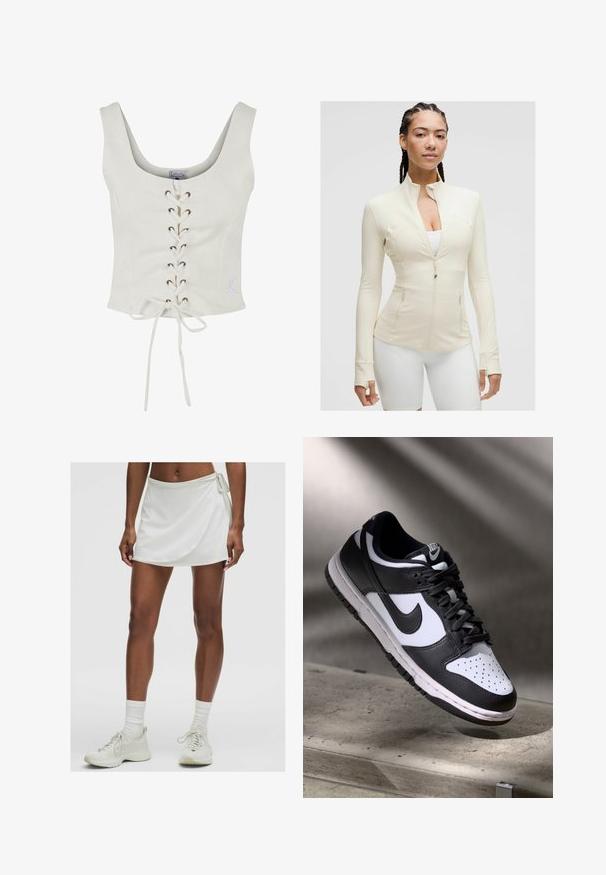 Šviesiai smėlinis užtrauktuku užsegamas švarkas su aukštu apykakle, ilgomis rankovėmis ir dviem priekinėmis kišenėmis. Vidaus audinys yra lygus ir elastingas, su siūlių detalėmis.; Balta trumpa palaidinė su plačiomis petnešomis, nėrinių priekis su rudojo spalvos akytėmis ir raišteliu juosmens detalėje. Minkšta medžiaga su minimalistišku dizainu.; Balta sportinė sijonas su įvyniojimo dizainu, pagamintas iš lygios medžiagos. Įrengtas šone su raišteliu, derinamas su šviesos spalvos sportbačiais ir kojinėmis.; Juoda ir balta Nike Dunk Low sportbačiai su odiniu viršumi, perforuotu pirštų dėklu ir juodomis raištelėmis, turintys baltą padą ir logotipo akcentus.