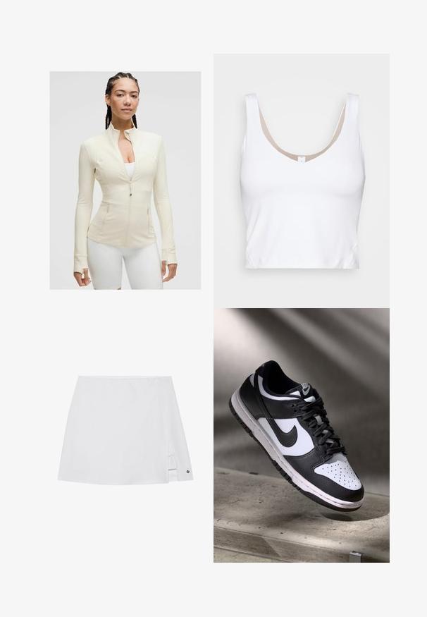 Svijetlosmeđi zip-up jakna s visokim ovratnikom, dugim rukavima i dva prednja džepa. Glatka, rastezljiva tkanina s detaljima šavova.; Bijeli kratki top s izrezom u obliku školjke i širokim naramenicama. Napravljen od glatkog, rastezljivog materijala s bež oblogom oko izreza.; Bijela sportska suknja s bočnim prorezom, glatkom teksturom tkanine i malim crnim logom uz rub.; Crno-bijeli Nike Dunk Low tenisice s kožnim gornjištem, perforiranim prednjim dijelom, crnim vezicama, s bijelim đonom i logom.
