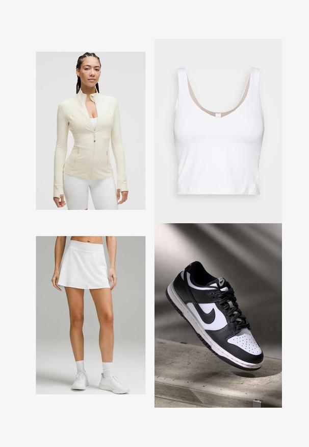 Világos bézs zipzáras dzseki magas gallérral, hosszú ujjal és két elülső zsebbel. Simogató, rugalmas anyag varrási részletekkel.; Fehér rövid fazonú top, kerek nyakkivágással és széles vállpántokkal. Sima, rugalmas anyagból készült, bézs béléssel a nyakkivágásnál.; Fehér sportos szoknya sima textúrával, magas derékrésszel és harang formával. Fehér sportcipővel és zoknival párosítva.; Fekete-fehér Nike Dunk Low sneaker, bőr felsőrésszel, perforált orral és fekete fűzőkkel, fehér talppal és logó kiegészítőkkel.
