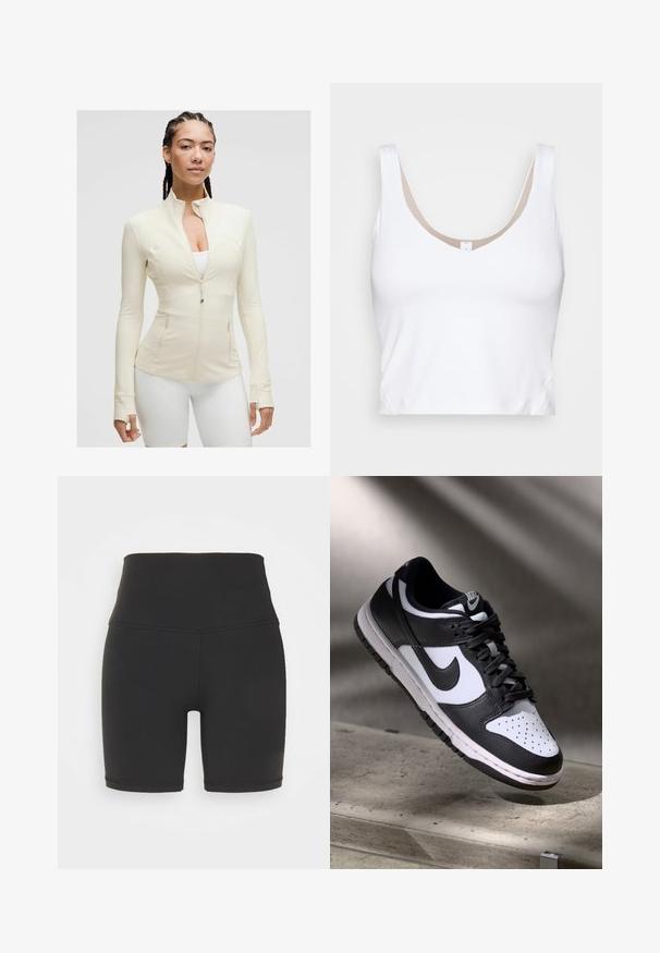 Világos bézs zipzáras dzseki magas gallérral, hosszú ujjal és két elülső zsebbel. Simogató, rugalmas anyag varrási részletekkel.; Fehér rövid fazonú top, kerek nyakkivágással és széles vállpántokkal. Sima, rugalmas anyagból készült, bézs béléssel a nyakkivágásnál.; Magas derekú fekete sportnadrág, rugalmas anyagból készült, sima textúrával, rövid hosszúsággal és strapabíró varrási részletekkel.; Fekete-fehér Nike Dunk Low sneaker, bőr felsőrésszel, perforált orral és fekete fűzőkkel, fehér talppal és logó kiegészítőkkel.