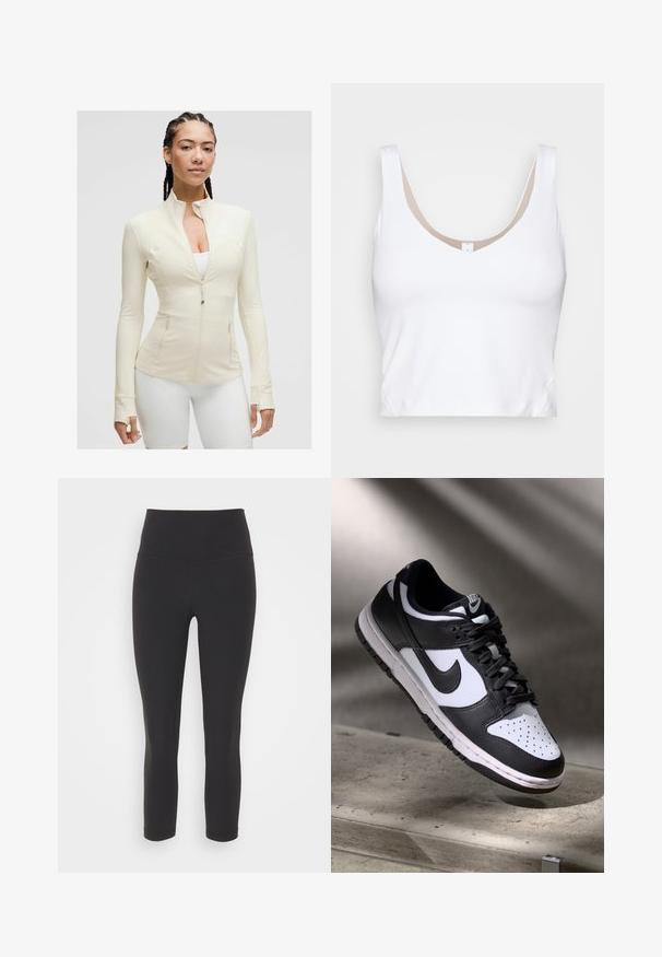 Helles beiges Zip-Through-Jackett mit hohem Kragen, langen Ärmeln und zwei Vordertaschen. Glatter, dehnbarem Stoff mit Nahtdetails.; Weißes Crop-Top mit einem runden Ausschnitt und breiten Schulterträgern. Hergestellt aus glattem, elastischem Stoff mit einem beigen Futterakzent am Ausschnitt.; Schwarze, eng anliegende Leggings aus dehnbarem Stoff mit einem hohen Bund und einer glatten, matten Textur, ohne Muster oder Verzierungen.; Schwarz-weißer Nike Dunk Low Sneaker mit Lederobermaterial, perforiertem Zehenbereich und schwarzen Schnürsenkeln, ausgestattet mit einer weißen Sohle und Logo-Akzenten.