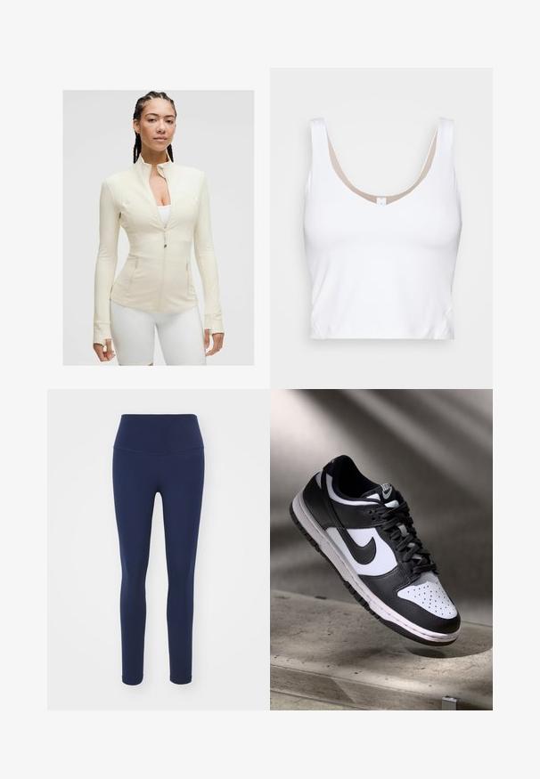 Világos bézs zipzáras dzseki magas gallérral, hosszú ujjal és két elülső zsebbel. Simogató, rugalmas anyag varrási részletekkel.; Fehér rövid fazonú top, kerek nyakkivágással és széles vállpántokkal. Sima, rugalmas anyagból készült, bézs béléssel a nyakkivágásnál.; Sötétkék leggings, rugalmas anyagból, magas derékkal, amelyek a kényelem és a formázott sziluett érdekében készültek. Simább textúra, nem látható mintákkal.; Fekete-fehér Nike Dunk Low sneaker, bőr felsőrésszel, perforált orral és fekete fűzőkkel, fehér talppal és logó kiegészítőkkel.