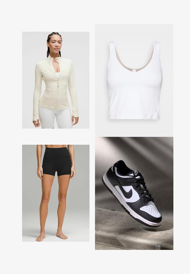 Heled beez värvi tõmblukuga jakk kõrge kaelusega, pika varrukaga ja kahe esipocketiga. Sile, veniv kangas koos õmblusdetailidega.; Valge lühike top, millel on ümmargune kaelus ja laiad õlapaelad. Valmistatud siledast ja venivast kangast, millel on kaeluse ääres beež vooder.; Mustad kõrge vöökohaga lühikesed püksid, mis on valmistatud venitavast kangast, omavad siledat tekstuuri, tihedat disaini ja ulatuvad keskmise reieni. Nähtavad aktsendid puuduvad.; Mustvalge Nike Dunk Low tossud nahast ülaservaga, perforatsioonidega varbakoht ja mustad kengid, valge tallaga ja logo aktsentidega.