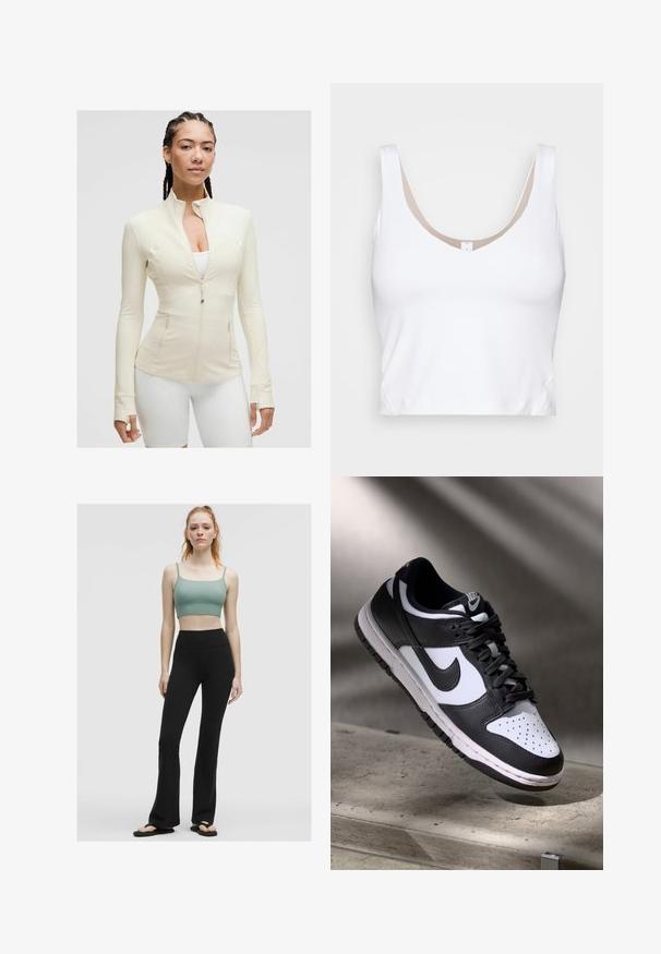 Svetlo béžová zipová bunda s vysokým golierom, dlhými rukávmi a dvoma prednými vreckami. Hladká, elastická tkanina s prešitím.; Biely top s krátkymi rukávmi a okrúhlym výstrihom a širokými ramienkami. Vyrobený z hladkej, elastickej látky s béžovým podšívkovým akcentom na výstrihu.; Zelený rebrovaný crop top s tenkými popruhmi, kombinovaný s čiernymi vysokými elastickými legínami s rozšíreným spodkom a čiernymi flip-flopami na neutrálnom pozadí.; Čierno-biele tenisky Nike Dunk Low s koženým zvrškom, perforovanou špičkou a čiernymi šnúrkami, so bielou podrážkou a logovými akcentmi.