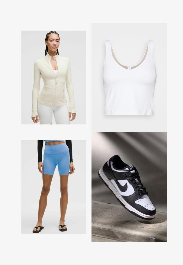 Giacca zip con collo alto di un beige chiaro, maniche lunghe e due tasche frontali. Tessuto morbido ed elasticizzato con dettagli delle cuciture.; Top corto bianco con scollatura a barchetta e spalline larghe. Realizzato in un tessuto liscio ed elastico con un'accenno di fodera beige attorno alla scollatura.; Shorts sportivi azzurro chiaro realizzati in materiale liscio e elastico. Presentano una vita alta e un design aderente, abbinati a ciabatte nere.; Sneaker Nike Dunk Low in bianco e nero con tomaia in pelle, punta perforata e lacci neri, caratterizzata da una suola bianca e dettagli del logo.