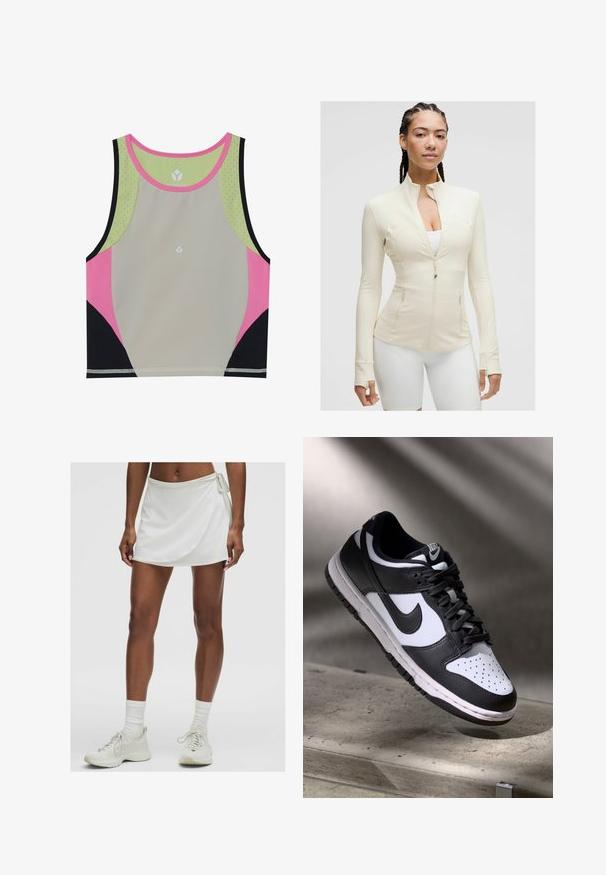 Giacca zip con collo alto di un beige chiaro, maniche lunghe e due tasche frontali. Tessuto morbido ed elasticizzato con dettagli delle cuciture.; Top corto sportivo colorato con un corpo grigio chiaro, dettagli in rosa, nero e verde, e un collo rotondo con dettagli perforati.; Gonna atletica bianca con design avvolgente, realizzata in tessuto morbido. Presenta un fiocco sul lato ed è abbinata a sneaker e calze chiare.; Sneaker Nike Dunk Low in bianco e nero con tomaia in pelle, punta perforata e lacci neri, caratterizzata da una suola bianca e dettagli del logo.