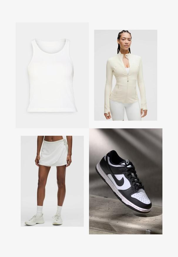 Lys beige zip-jakke med høj krave, lange ærmer og to frontlommer. Glat, strækbart stof med syning detaljer.; Hvid ribbet tanktop med rund halsudskæring og uden ærmer. Blød tekstur, tætsiddende form og lige kant. Ingen mønstre eller detaljer.; Hvid atletisk skorts med en omslagdesignet, lavet af glat stof. Har en snøre i siden og er parret med lyse sneakers og sokker.; Sorthvid Nike Dunk Low sneakers med læderoverdel, perforeret tåboks og sorte snørebånd, udstyret med en hvid sål og logo accenter.