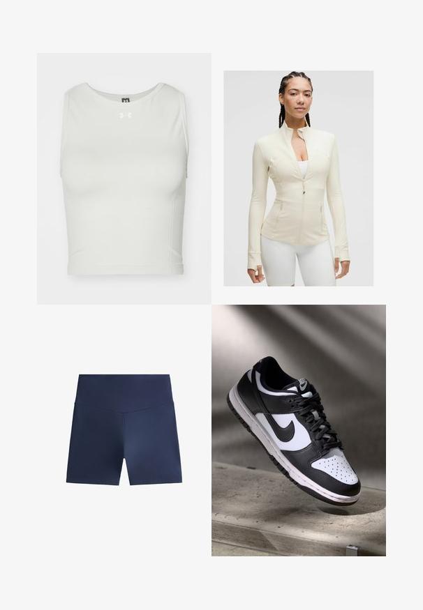 Jasno beżowa kurtka rozpinana z wysokim kołnierzem, długimi rękawami i dwiema przednimi kieszeniami. Gładki, elastyczny materiał z detalami szwów.; Biały sportowy krótki top wykonany z gładkiego, elastycznego materiału, z okrągłym dekoltem i bez rękawów; z małym logo na środku przodu.; Granatowe szorty sportowe wykonane z gładkiego, lekkiego materiału. Dopasowany krój z wysokim stanem. Brak widocznych wzorów lub elementów metalowych.; Czarno-białe sneakersy Nike Dunk Low z cholewką skórzaną, perforowanym noskiem i czarnymi sznurowadłami, z białą podeszwą i akcentami logo.
