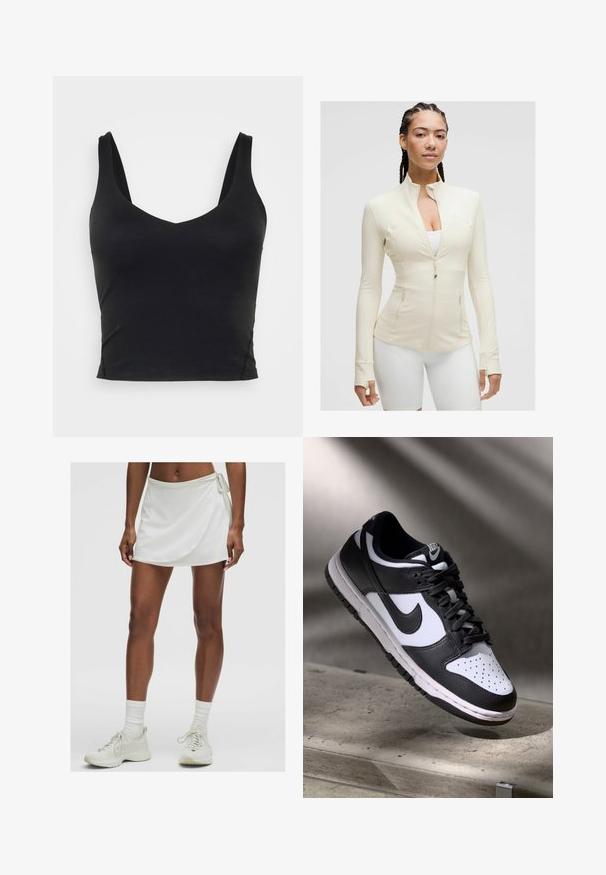 Jachetă crem deschis, cu fermoar, guler înalt, mâneci lungi și două buzunare frontale. Material elastic, neted, cu detalii ale cusăturii.; Crop top negru fără mâneci, cu un decolteu adânc în V, realizat dintr-un material neted și elastic. Are un tiv curat și fără modele sau accente vizibile.; Fustă sport albă cu design înfășurat, realizată dintr-un material neted. Are o legătură pe lateral și este asortată cu teniși și șosete de culoare deschisă.; Pantofii Nike Dunk Low în alb și negru, cu partea superioară din piele, cutie a degetelor perforată și șireturi negre, având o talpă albă și accente cu logo.