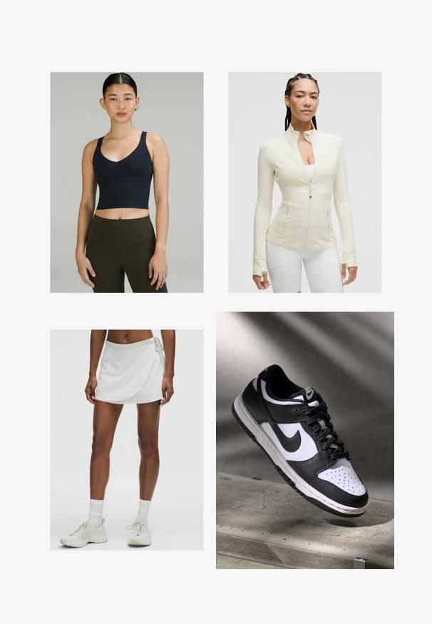 Světlé béžové zipové sako s vysokým límcem, dlouhými rukávy a dvěma předními kapsami. Hladká, pružná tkanina s detaily švů.; Námořnická modrá zkrácená sportovní top s výstřihem do V a tenkými ramínky, vyrobený z elastického materiálu, spárovaný s legínami v olivově zelené barvě s vysokým pasem.; Bílý sportovní sukňový šortky s překrytím, vyrobený z hladkého materiálu. Má zavazování na boku a je spojen s svetlými teniskami a ponožkami.; Černobílé tenisky Nike Dunk Low s koženým svrškem, perforovanou špičkou a černými tkaničkami, s bílou podrážkou a akcenty loga.