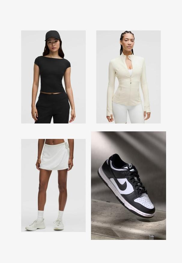 Ljusbeige zip-up jacka med hög krage, långa ärmar och två framfickor. Slät, elastisk tyg med sömnadsdetaljer.; Svart kortärmad crop top med vid halsringning, tillverkad av elastiskt material. Matchad med svarta högmidjade byxor och en keps.; Vit atletisk skort med omslagsdesign, tillverkad av mjukt tyg. Har en knut på sidan och är kombinerad med ljusa sneakers och strumpor.; Svart och vit Nike Dunk Low sneaker med ovandel i läder, perforerad tånbox och svarta snören, med en vit sula och logotypdetaljer.