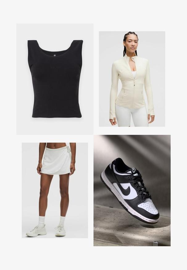 Lichtbeige ritsjack met een hoge kraag, lange mouwen en twee voorzakken. Glad, rekbaar materiaal met naaddetail.; Zwarte mouwloze tanktop gemaakt van katoen, met een ronde halslijn en een fitted ontwerp. Subtiel reliëf 'Volcom' logo op de voorkant.; Witte sportrok met een wikkelontwerp, gemaakt van gladde stof. Bevat een strik aan de zijkant en wordt gecombineerd met lichtgekleurde sneakers en sokken.; Zwart-witte Nike Dunk Low sneaker met een leren bovenwerk, geperforeerde neus, en zwarte veters, met een witte zool en logo-accenten.