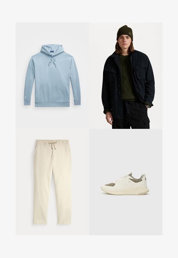 Mörkblå jacka med två stora bröstfickor, lager på lager över en grön texturerad tröja. Bärs med en grön mössa och svarta byxor.; Polo Ralph Lauren Big & Tall LONG SLEEVE - Luvtröja - vessel blue; Off-white casual byxor med elastisk midja och snörning, raka ben och sidofickor mot en enfärgad bakgrund.; Vit och ljusbeige atletisk sneaker med ett meshöverdrag, perforerade detaljer och en texturerad mellansula med varumärke på hälen.