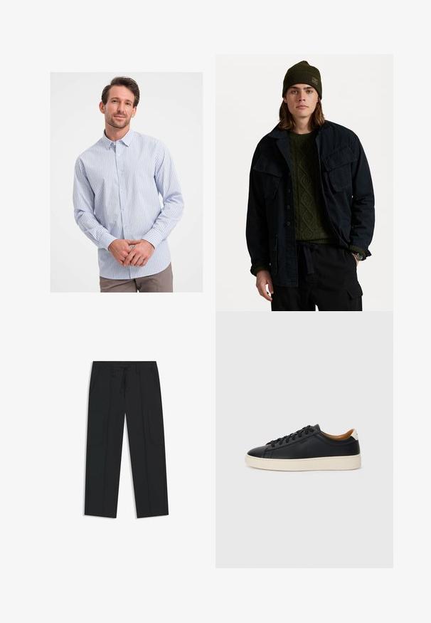 Tummansininen takki, jossa on kaksi suurta rintataskua, kerroksittain vihreän teksturoituneen villapuseron päällä. Yhdistetty vihreän pipon ja mustien housujen kanssa.; Raido sinimust valge nööpidega särk puuvillases kangas. Omab teravat kraed ja pikki varrukaid nööpidega mansettidega. Sile tekstuur.; Mustat cargo-housut, jotka on valmistettu nailonista. Ominaisuudet sisältävät joustavan vyötärönauhan, jossa on nyöri, sivutaskut ja tasainen etupuoli.; Mustat nahkasneakerit, joissa on sileä pinta, beige kumipohja, nauhakiinnitys ja erottuva kanta-aksentti.