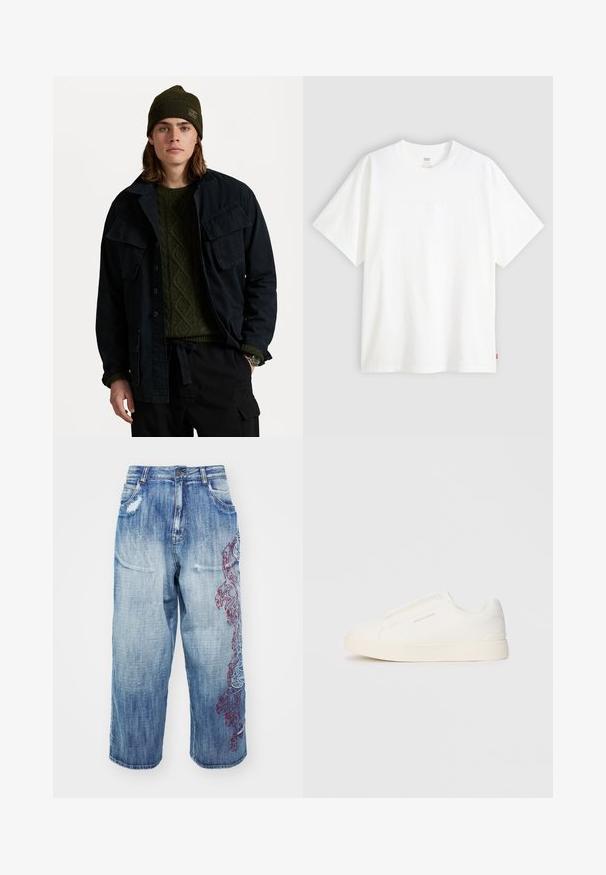 Σκούρο μπλε μπουφάν με δύο μεγάλες τσέπες στο στήθος, επάνω από ένα πράσινο υφαντό πουλόβερ. Φοράει καπέλο πράσινου χρώματος και μαύρο παντελόνι.; Λευκό κοντομάνικο μπλουζάκι φτιαγμένο από βαμβάκι με στρογγυλή λαιμόκοψη. Διαθέτει υποτυπώδη ανάγλυφο λογότυπο μπροστά και κόκκινη ετικέτα στο στρίφωμα.; Ανοιχτό μπλε τζιν παντελόνι με φαρδιά κοπή, με φθαρμένες λεπτομέρειες και περίπλοκες κόκκινες ραμμένες λεπτομέρειες στο πλάι.; Λευκά slip-on παπούτσια με υφή, παχύ πάτο και μινιμαλιστικό σχέδιο. Φέρει το λογότυπο της μάρκας στο πλάι.