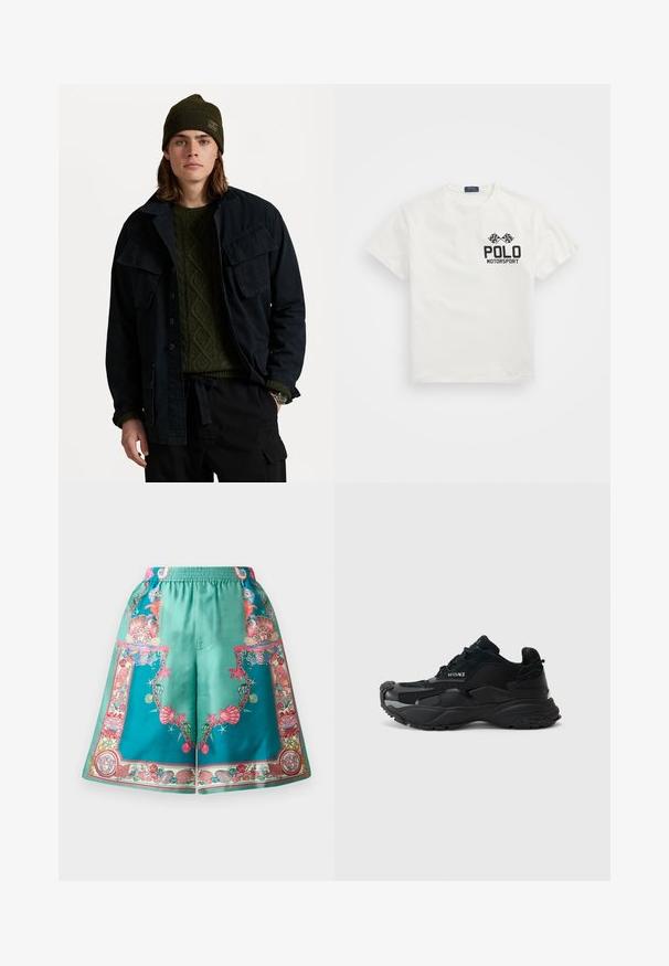 Tamsiai mėlynas švarkas su dviem didelėmis krūtinės kišenėmis, dėvimas virš žalio tekstūruoto megztinio. Priderinta žalia kepurė ir juodos kelnės.; Balta medvilninė marškinė su apvaliu kaklu, su juodu "Polo Motorsport" logotipu ir kirtusiomis šachmatų vėliavomis kairėje krūtinės pusėje.; Turkio spalvos šilkiniai šortai su detaliu daugiaspalviu kriauklių ir jūros spaudiniu, su elastinga juosta ir laisvu siluetu.; Juodos sportinės sportbačiai, pagaminti iš tinklinės ir zomšinės medžiagos, su tekstūruotu padu, apvaliu nosiu ir Versace logotipo detale šone.