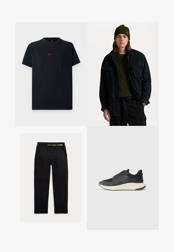 Tmavě modrá bunda s dvěma velkými kapsami na prsou, vrstvená přes zelený texturovaný svetr. Doplněná o zelenou čepici a černé kalhoty.; Černé bavlněné tričko s krátkým rukávem, se středovým vyšitým designem v purpurové barvě, představující tvar špičaté hvězdy a text "FORMER".; Černé kalhoty vyrobené z lehkého materiálu, s elastickým pasem a integrovaným zeleným páskem, rovného střihu a bočními kapsami.; Černá sportovní teniska s mřížkovou svrchní částí s perforacemi, texturovanou mezipodešví v krémové barvě a gumovou podešví pro lepší trakci.