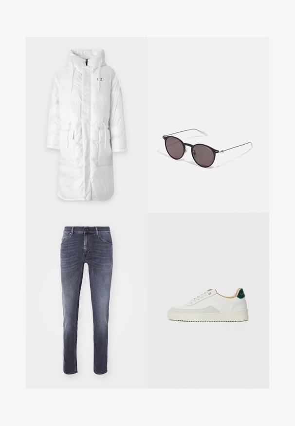 Geacă puf albă cu glugă, dotată cu fermoar complet, două buzunare frontale și cordon reglabil la talie și glugă.; Tricou negru din bumbac cu guler rotund, mâneci scurte și logo-ul "EMPORIO ARMANI" în alb deasupra cuvântului "Milano" într-un design curbat.; Tiger of Sweden PISTOLERO - Blugi skinny fit - corax; Sneaker alb cu accente din suede, vârf rotund, șireturi plate și o talpă din cauciuc crem. Are un logo verde pe călcâie.; Ochelari de soare negri rotunzi cu lentile întunecate și brațe metalice subțiri. Include vârfuri transparente pentru brate și accente argintii la balama. Design minimalist.