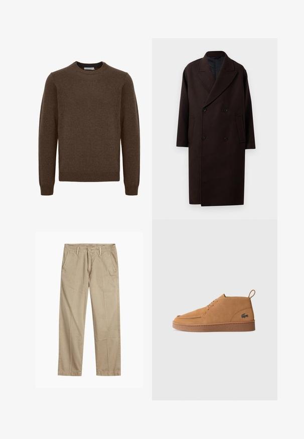 Dvojřadový tmavě hnědý vlněný kabát s širokými klopami, dlouhými rukávy, bočními kapsami a černými knoflíkovými zapínáními.; Hnědý pletený svetr s kulatým výstřihem, dlouhými rukávy, žebrovanými manžetami a lemem. Vyrobený z měkkého, strukturovaného materiálu. Žádné vzory ani akcenty nejsou viditelné.; Beige rovné chino kalhoty s poutky na opasek, zapínáním na přední knoflík a zip, a šikmými předními kapsami.; Hnědé semišové kotníkové boty na šněrování s gumovou podrážkou a poutkem, s charakteristickým krokodýlím logem na boku.